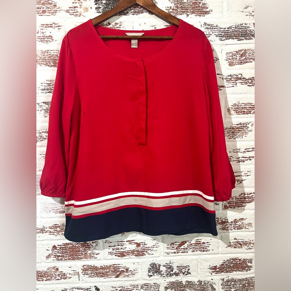 Banana Republic Blouse Nautical Red Blue White Striped 1/2 Button Front Size XL